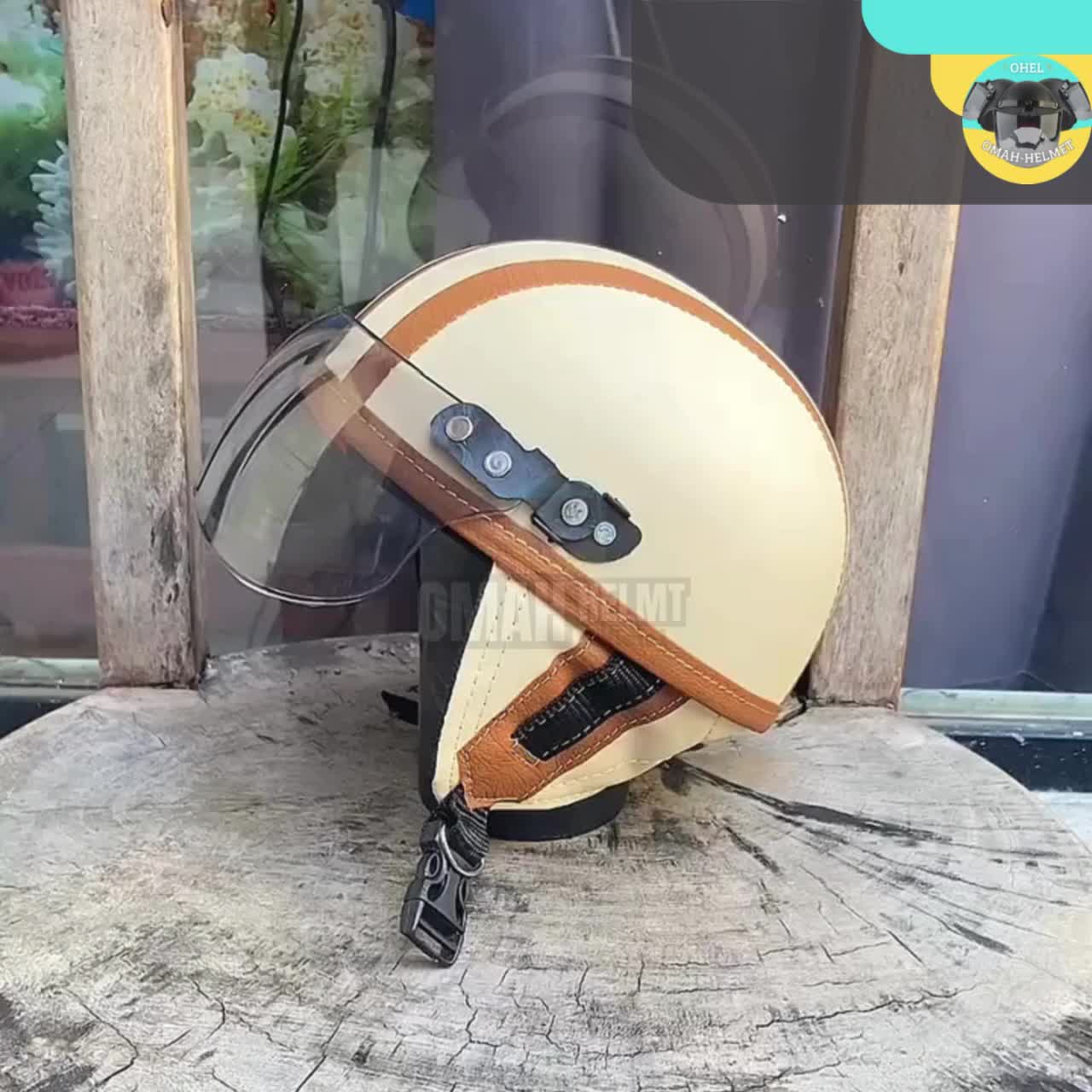 Helm anak-anak model retro chip untuk usia 1-5 tahun motif polos garis kream coklat Cembung Helem Kaca Kacamata Motorcycle