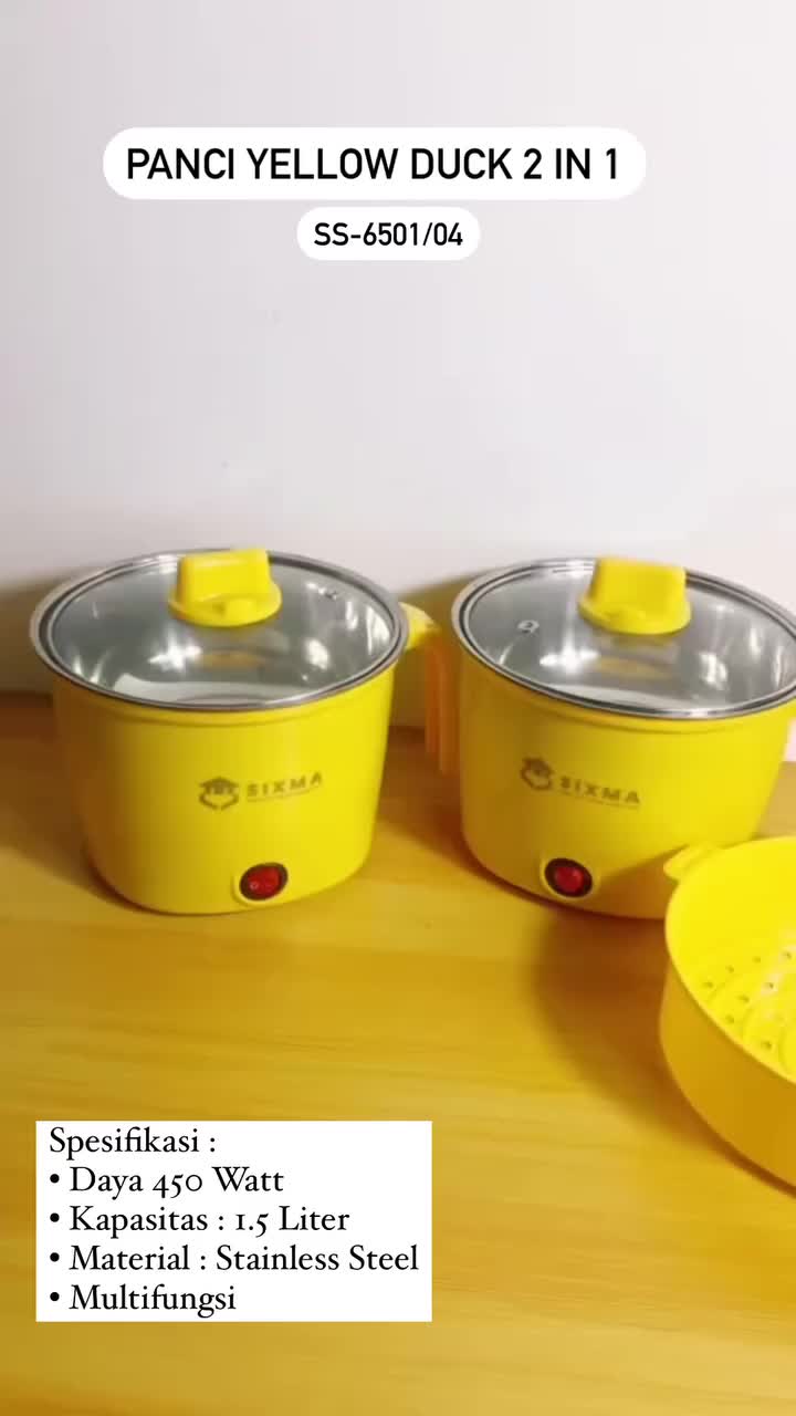Panci Listrik Stainless Yellow duck Multifungsi 2 in 1 Kukusan Kapasitas 1.5 Liter Sixma SS-6501-04