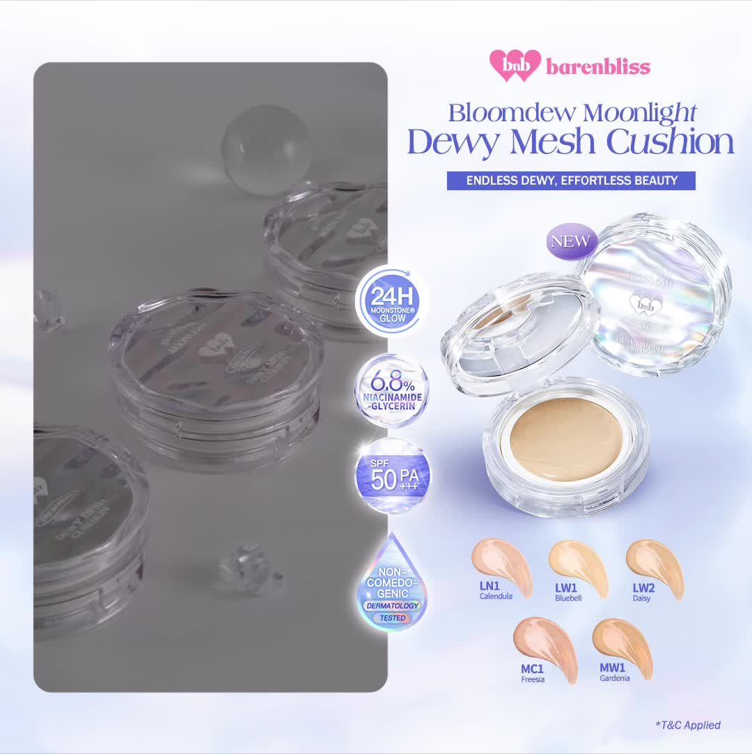 【BEST SELLING】BNB barenbliss Bloomdew Moonlight Dewy Mesh Cushion 15g「24H Dewy Shine」| Cushion Ringan dengan Hasil Natural, 16x Hydrabloom Essence mengontrol prodiuksi minyak berlebih, mencerahkan, sekaligus melembabkan kulit