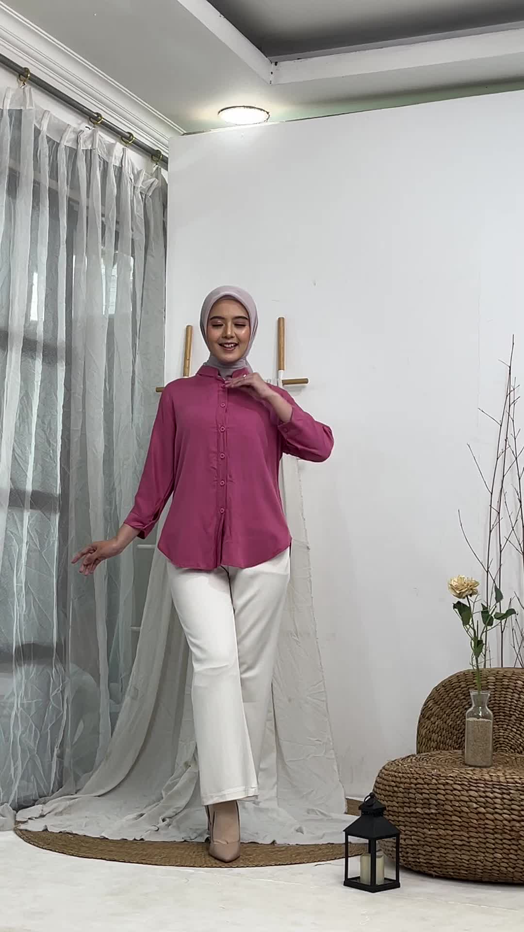 Kemeja Wanita Polos Full Kancing Lengan Panjang Slim-Fitting Bahan Rayon Twill Baru AS3 Tegal New Mode - Muslim, Atasan, Putih Kerah Santai