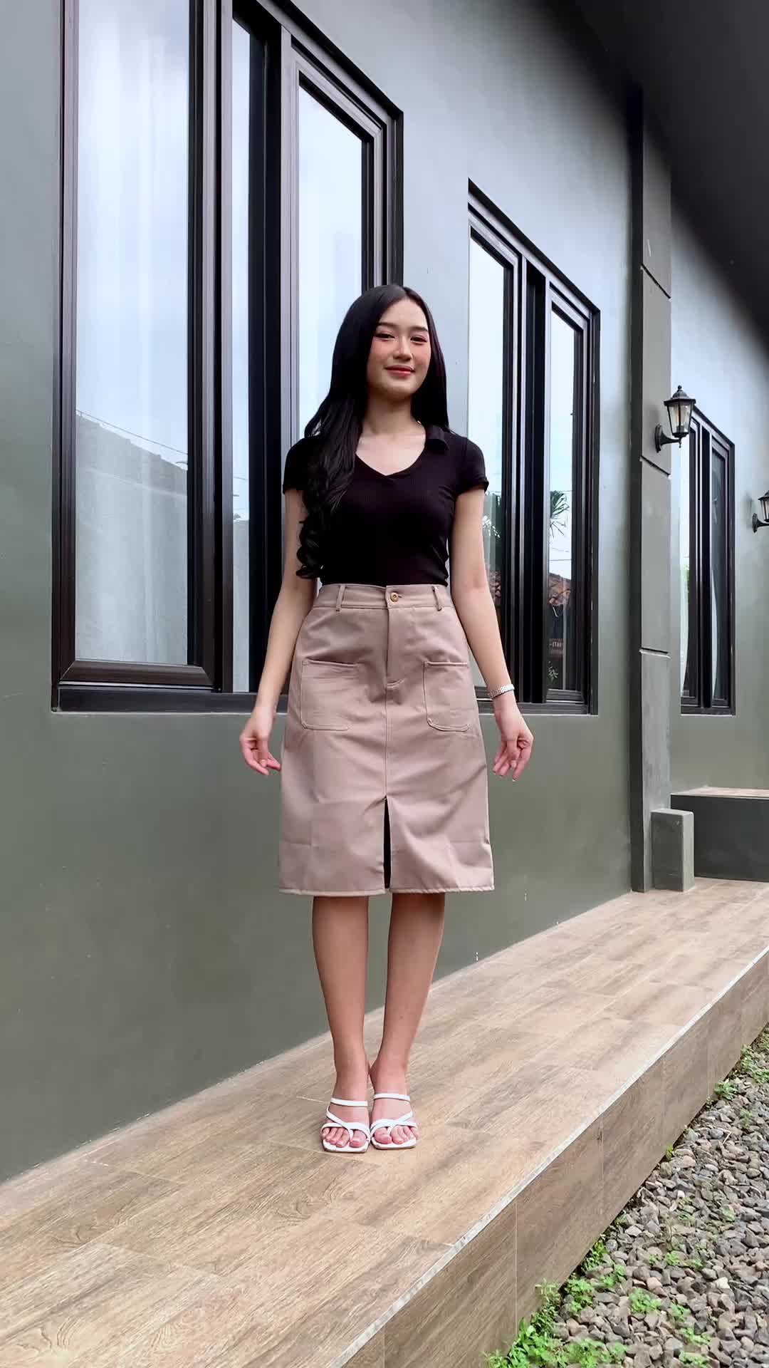Rok Midi Becca Belah Depan | Androk Selutut Kantong Depan | Rok Kerja Formal Casual Katun Halus Pinggang Belakang Karet Wanita Panjang Midi Pendek Simple Basic Modest ritsleting Mini androk korean style span style rok cargo rok  7 per 8 skirt vintage