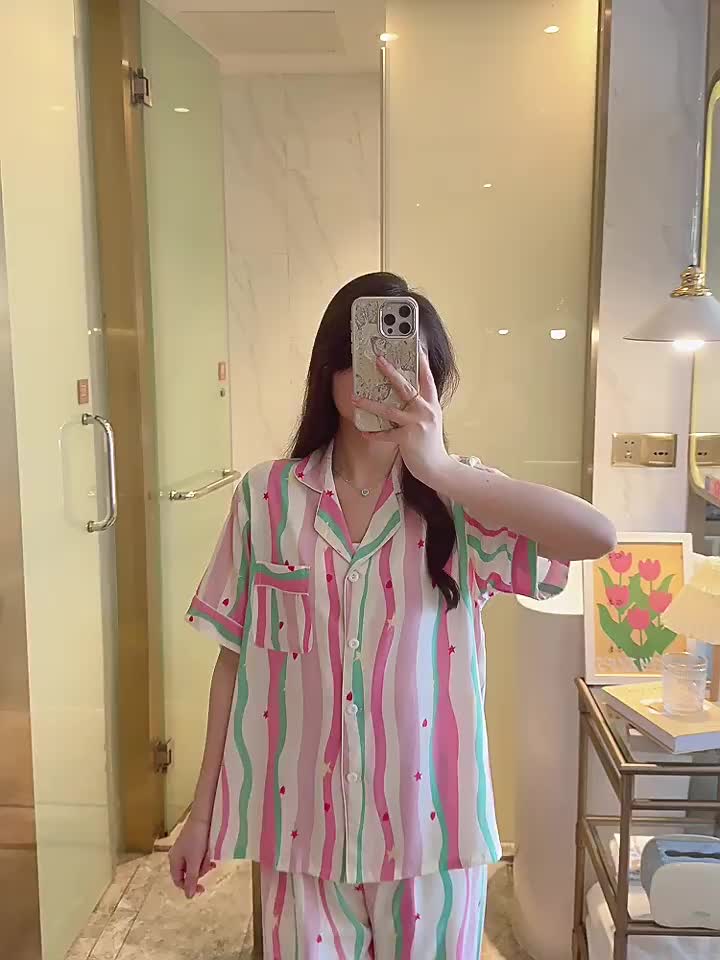 Piyama Wanita Korea Set Lengan Panjang dan Celana Panjang Motif Garis Pelangi / Baju Rumah