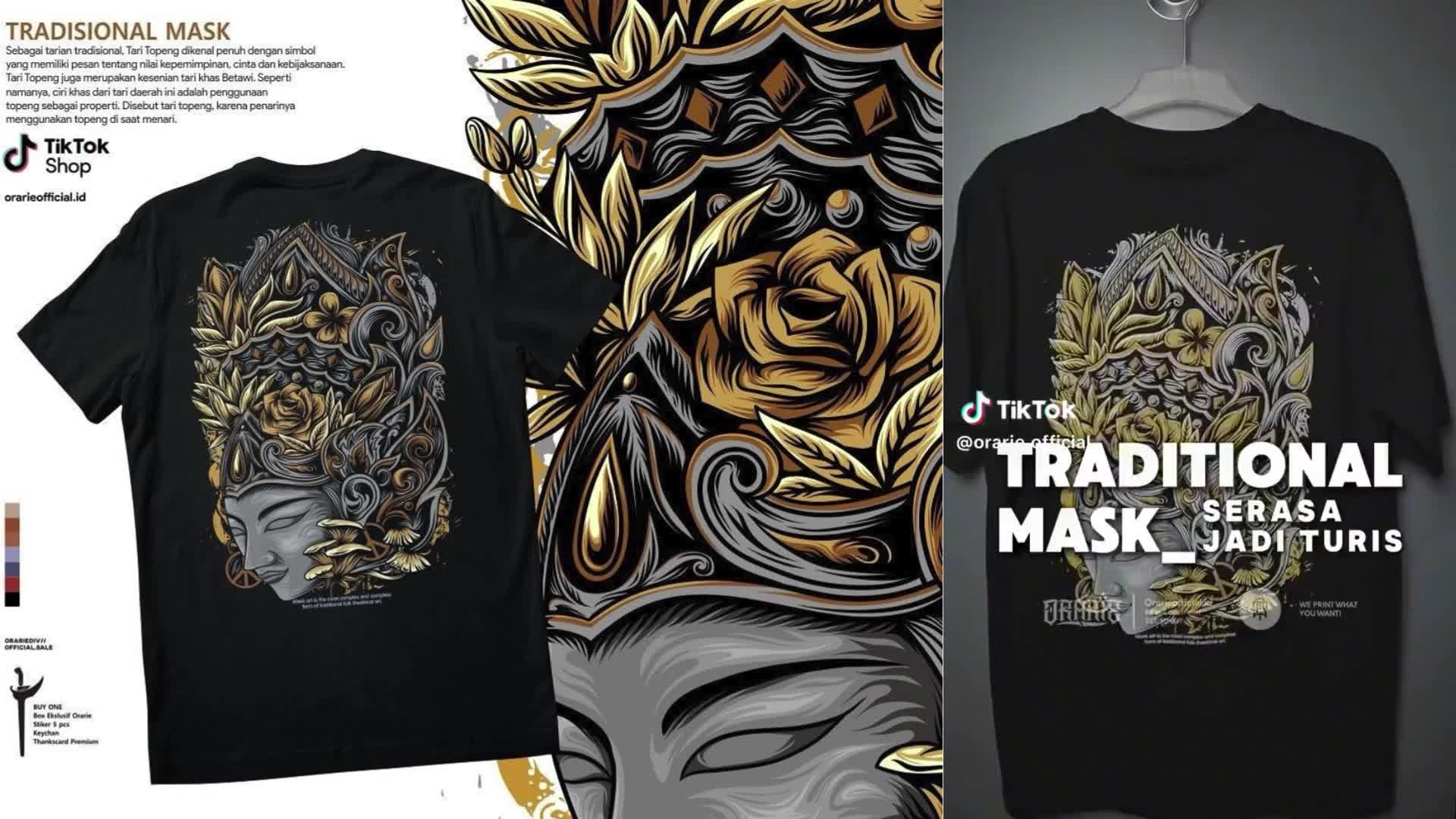 Orarie Kaos Atasan Pria TRADISIONAL MASK Hitam Baju Cowok Dewasa Tshirt Unisex Oblong Polos Wanita Distro Lengan Pendek Motif Sablon Plastisol bahan Katun Combed 24S Gratis Keychain & Stiker Keren Santai