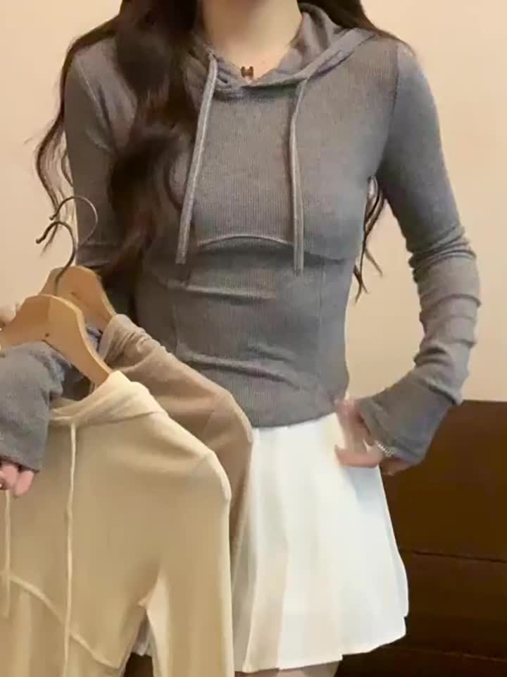 Atasan Lengan Panjang Crop Slim Fit Wanita - Jaket Hoodie Polos Korean - Cewek, Top