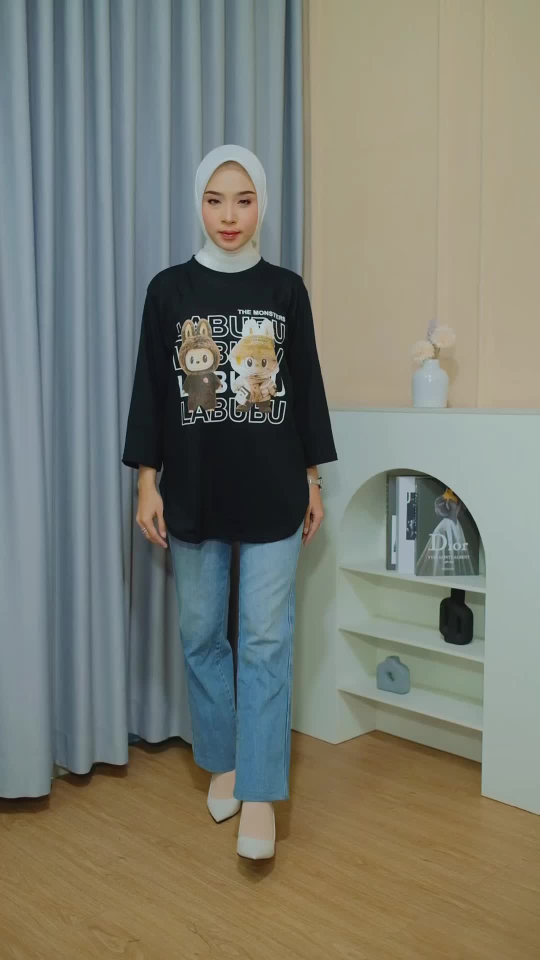 ATASAN KAOS WANITA OVERSIZE COMBED 20S MOTIF LABUBU VIRAL LENGAN 7/8