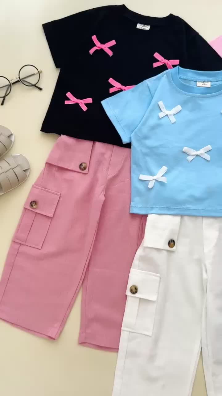 DEAN • Ribbon Cargo Set • Setelan Pita 1 - 10 Tahun Kaos Pita Celana Cargo Anak Perempuan