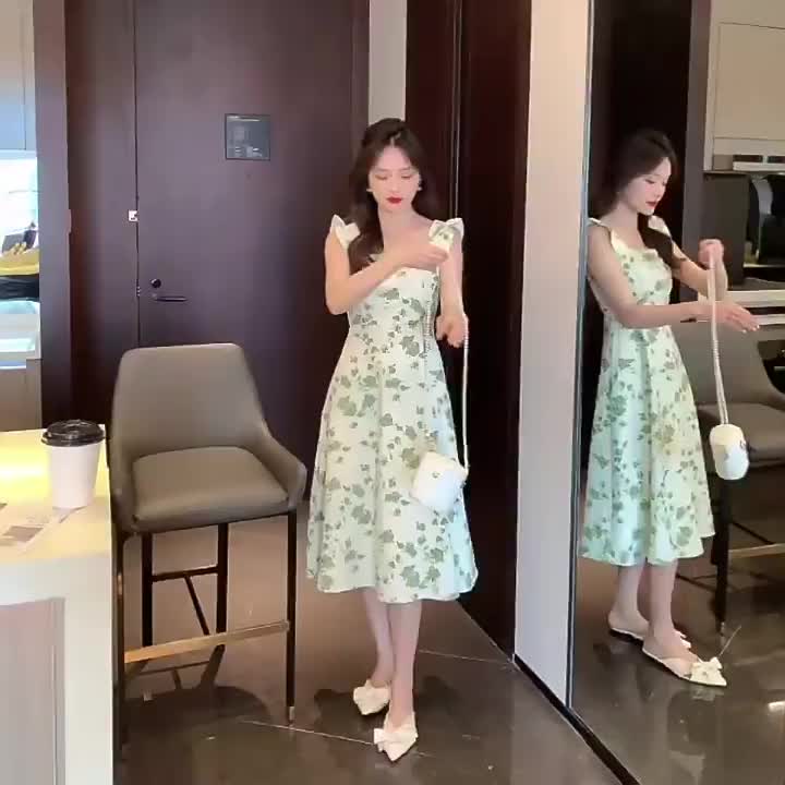 (958 )flowy long dress bunga pantai Korean Style dress wanita kekinian hijau sage dress press body terbaru 2024  (XS-XXL)
