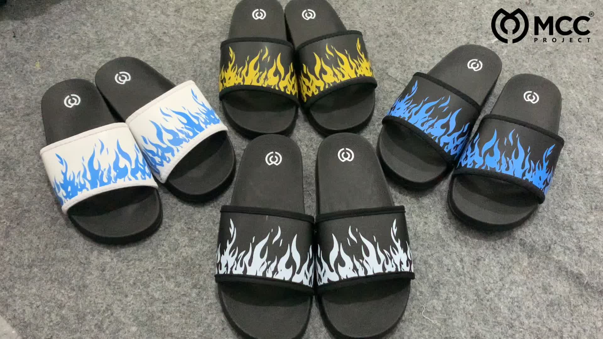 Sandal Slop Pria Terbaru Kasual Kekinian Slide Slip On Motif Api Karet Sol Hitam - Shoes, Black Sendal Kasual Selop