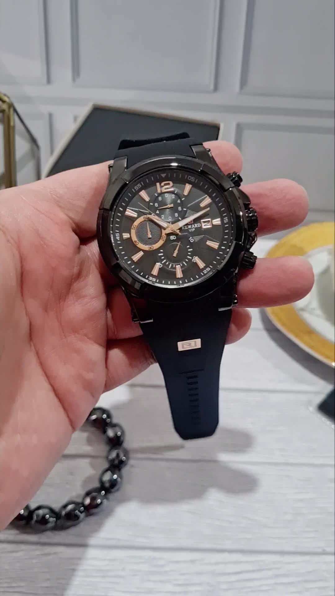Jam Tangan Pria Original REWARD Bayonet Hitam Black Analog Quartz Baterai Chronograph Chrono Aktif Karet Rubber Silikon Anti Air Water Resist