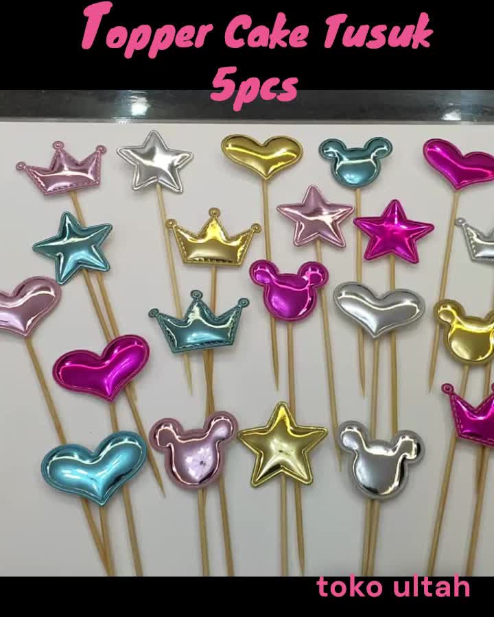 5pcs Topper Kue Bentuk Love, Bintang, dan Mahkota Warna Mix, Gold, Silver, Merah, Pink, Biru Cake