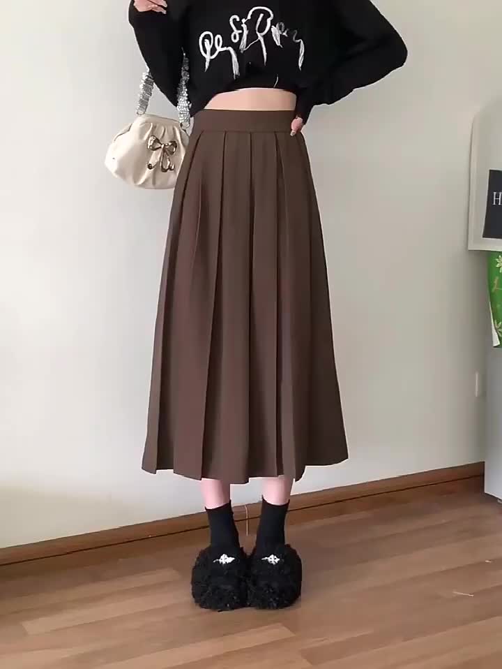 Rok Payung A-line Pinggang Tinggi Khaki Gelap Retro Amerika Rok All-Match Modis dan Seksi Wanita Gaya Korea Kaos Panjang