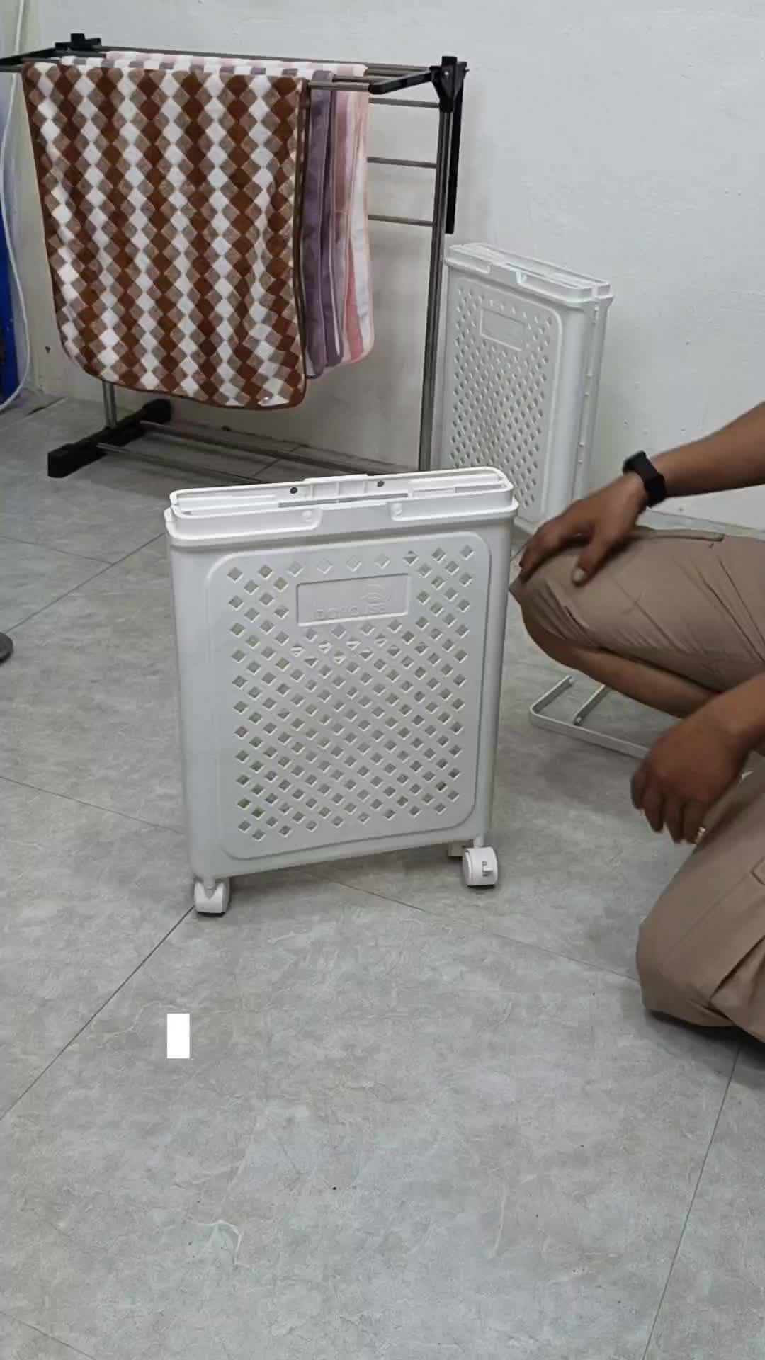 Keranjang Baju Kotor Lipat Serbaguna Dengan Roda & Tanpa Roda Basket Besar Portable Kuat / Keranjang Penyimpanan Pakaian Mainan Laundry Bag Plastik Warna Putih Gagang Tebal | D01A & D01B