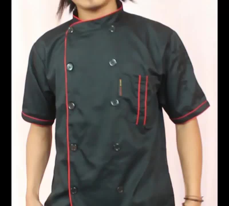 Baju Koki Chef Jacket Pria Wanita Lengan Pendek Model Mandarin Bahan American Drill BeblodShop Hitam Putih Merah Nevy Abu