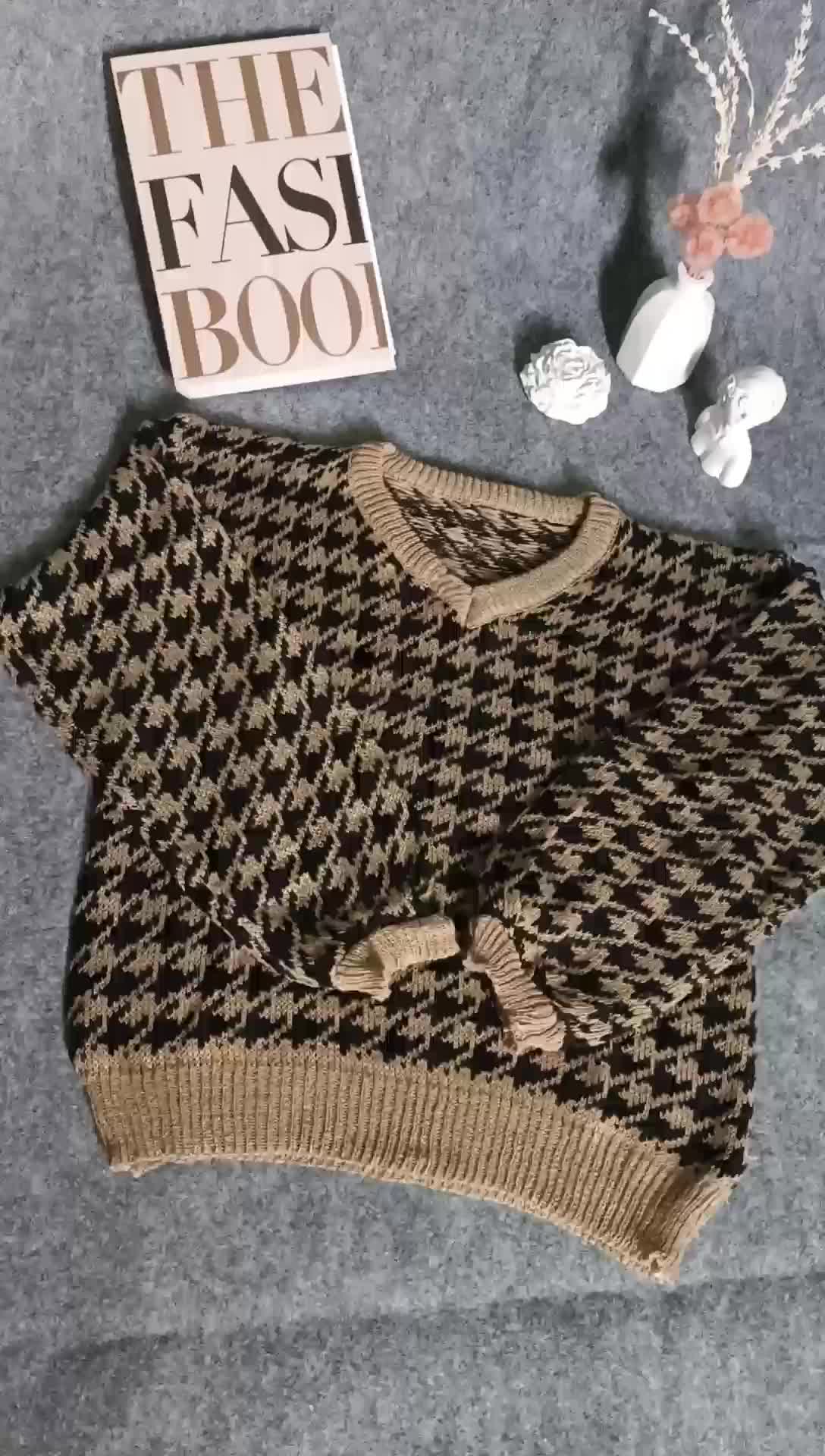 Sweater Jennie Crop Korean Style-Atasan Rajut Tebal Wanita Motif Houndstooth Viral Knitwear