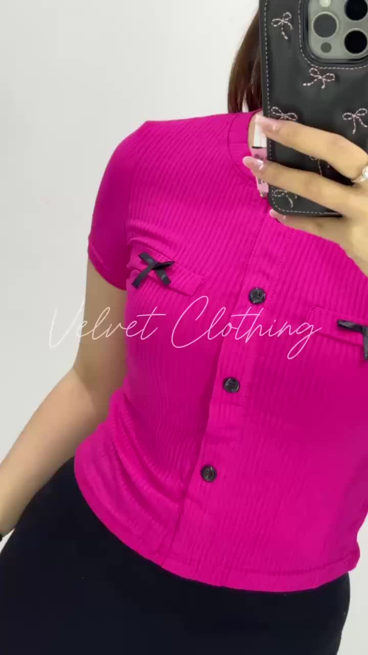 Crop Top Pita Kancing Wanita / Atasan Crop Knit Bow Top 5831 lengan pendek