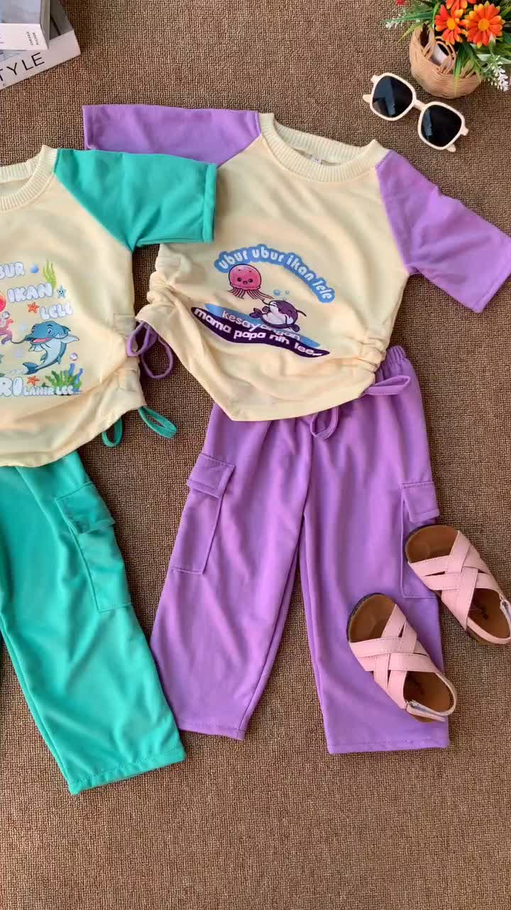 Setelan Anak Perempuan Ubur Ubur Ikan Lele Serut Pendek 2-9 Tahun - Fashion Cewek Parsel one set