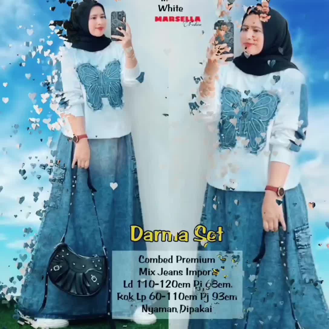 Ready Stok Siap Kirim • Darma Set • Setelan Rok Kupu Kupu Jeans Wash Cargo • Matt Combad Mix Jeans Wash Wanita Simpel Atasan Casual Muslim Nyaman Cantik Lembut Katun