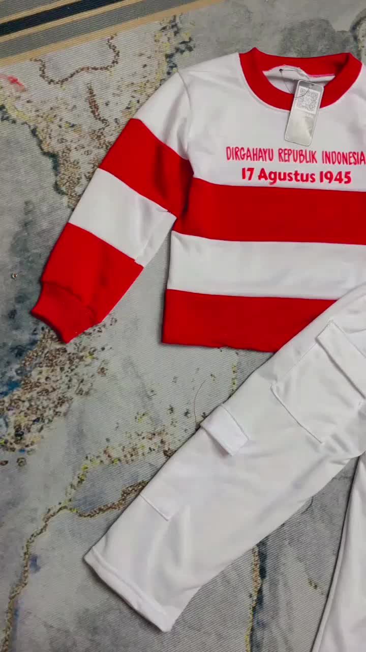 Setelan Anak Merah Putih Celana Cargo Laki Laki Perempuan 1-9 Tahun - Stelan Kargo Kemerdekaan Lengan Panjang - Baju Kaos Agustus Indonesia Premium