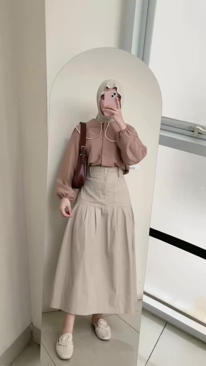 TORE- Winola Blouse Atasan Wanita Busui Basic Polo Linen Panjang Layer lis Tangan Karet Ruffle Baju Kancing Muslim Wudhu