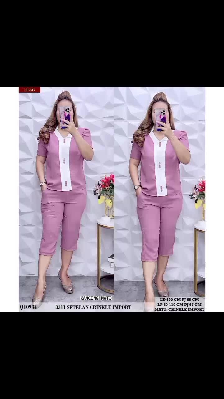One Set Crinkle Airflow Terbaru//Setelan Crinkle Kombinasi Pendek Lengan pendek  Ruffle Wanita Nyaman Baju Celana