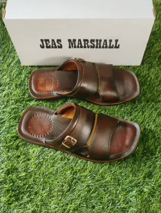Sandal Selop Kulit Pria Jeas Marshall - Kulit Sapi Asli 100% - JM 04 Coklat ( Produksi Sendiri )