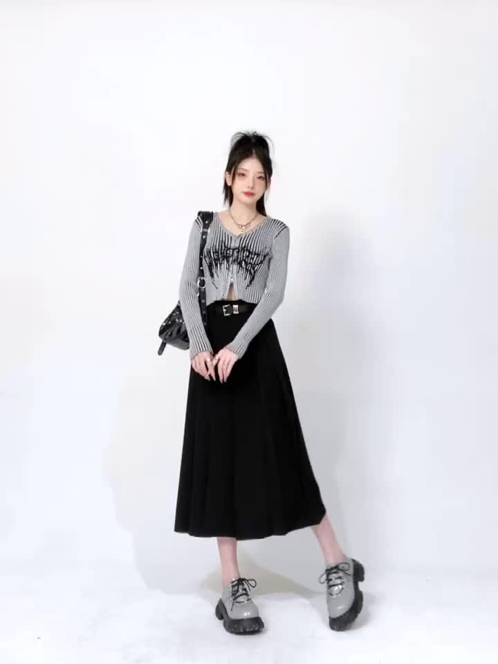 Y6Y - Hitam/Abu-abu/Rok midi highwaist Loose wanita korean style/rok length lipit A-Line Kasual