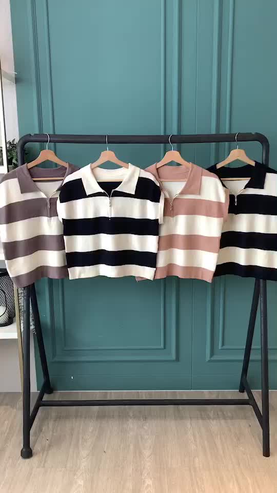 BL21026 Zipper Biggy Stripe Loose Knit Top