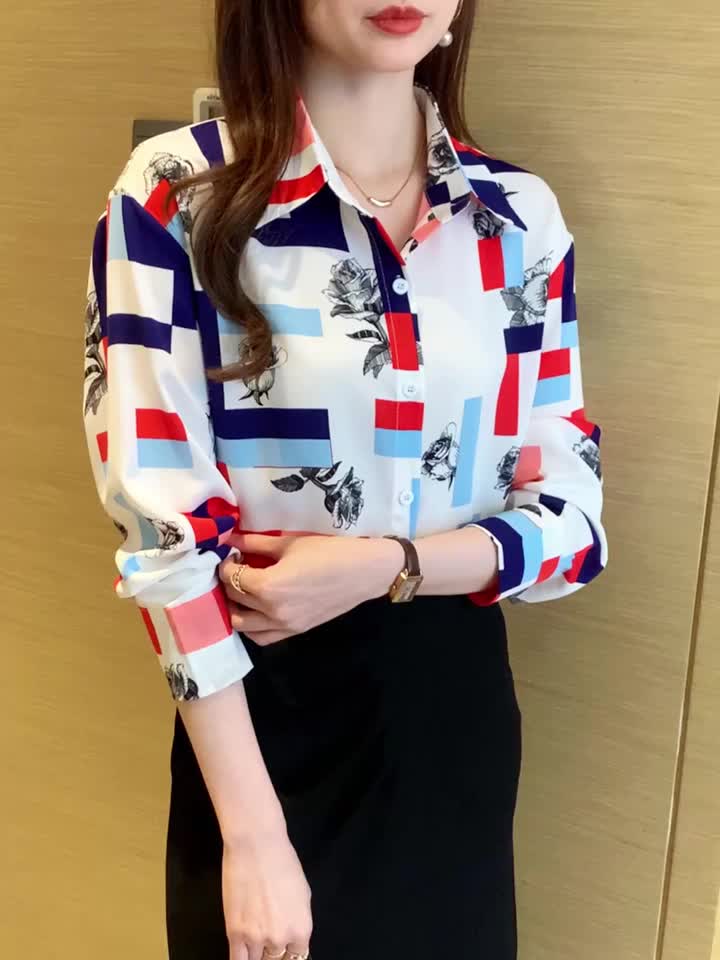 Tianshun Women's Red Yellow Rose Print Loose Long Sleeve Chiffon Top OL Work Suit Casual Korean Fashion Shirt Baju Wanita Kaos Lengan Panjang