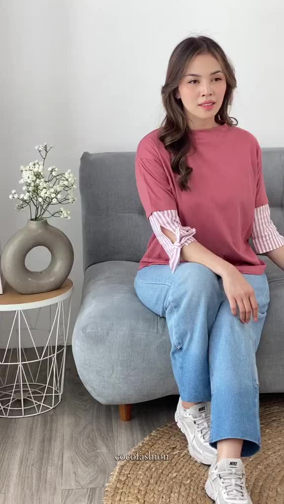 Atasan Wanita Kaos Lengan 7/8 Salur Pita Tali Raena Top Modern Korean Pretty Girl Style Cotton Combed Premium SIze M L XL Basic Daily Outfit