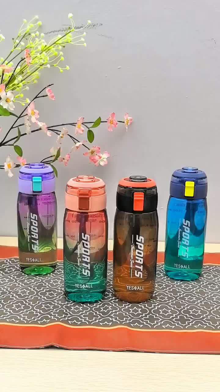 YESALL 600ml Botol Minum Pelangi Motivasi Gradasi - Tutup Flip Thumbler Penanda Waktu Gradiasi Rainbow Warna Transparan Infuse Water Bottle Infuser Kitchenware Tumbler