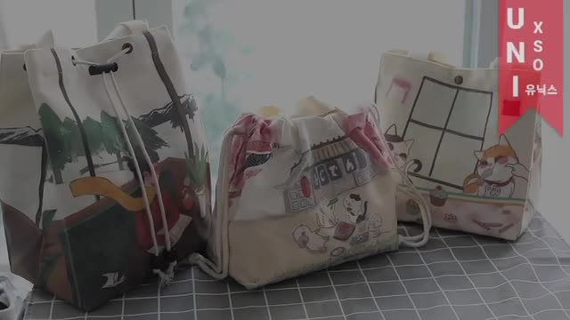 Unixso Kokoro Canvas Lunch Bag Tas Bekal Makan Anak Kantor Tali Serut Kancing Jepret Canvas Lucu Japan Style