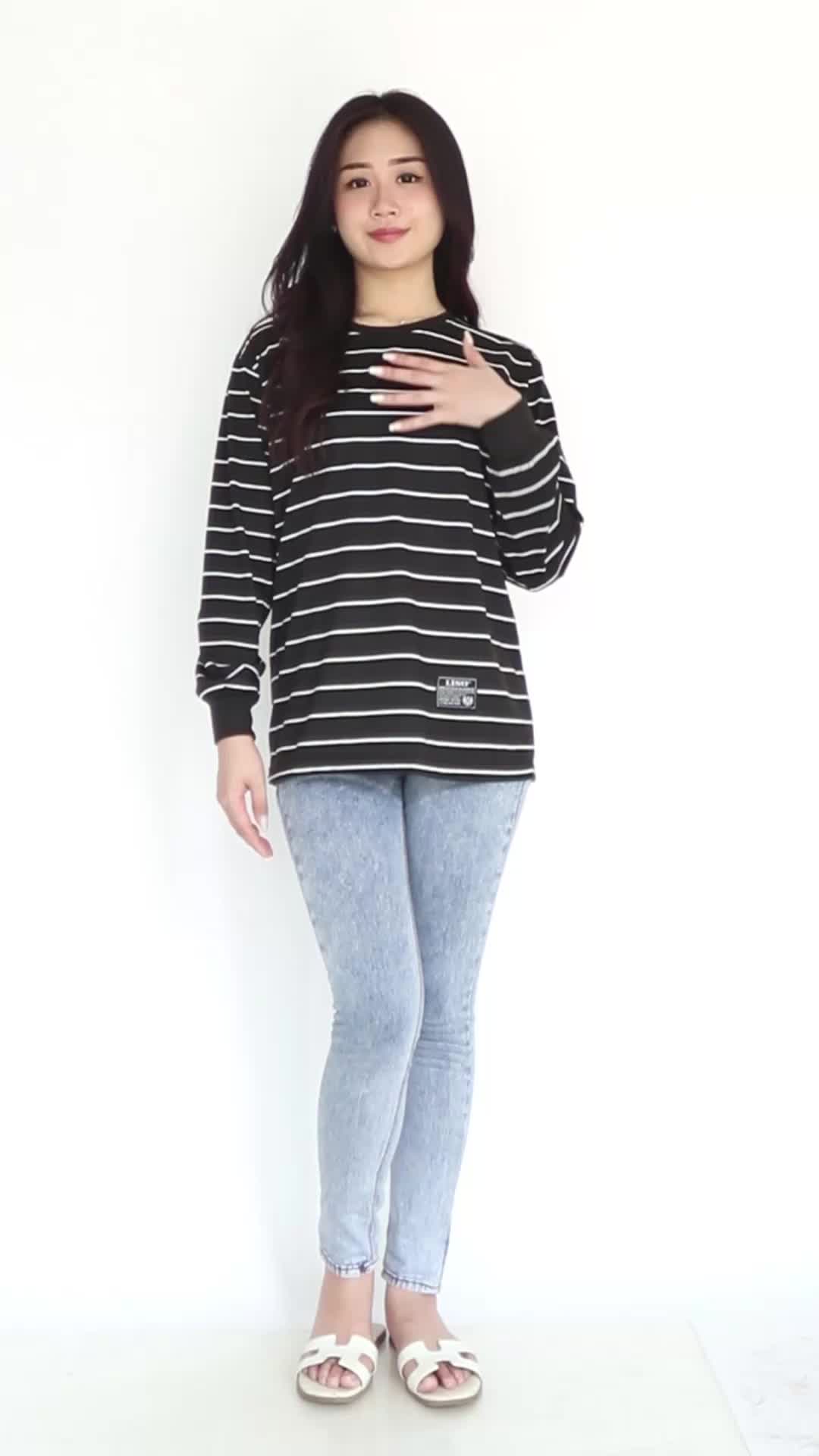 Dailystyle - Paket 3 pcs Kaos Wanita Katun Stripe Garis Belang-belang Lengan Panjang Atasan Pendek Salur Baju Motif