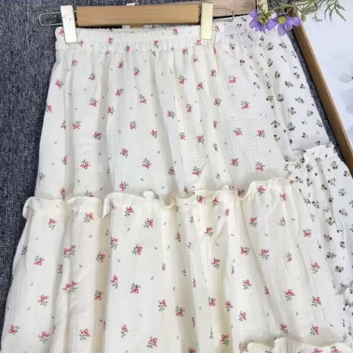 Skirt A line remple wanita motif bunga/rok wanita midi pinggang karet