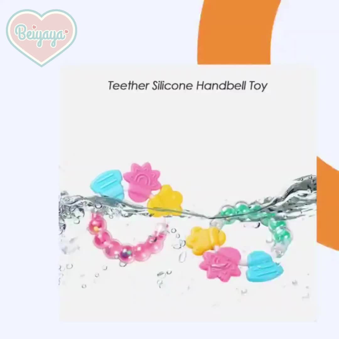 BEIYAYA Mainan Bayi Rattle dengan Kerincingan Silikon dan Teether Gigitan, Motif Gelang Bayi Lucu Biru Merah, Teether Karet PVC Bebas BPA, Gratis Klip & Mainan Kunyah Tumbuh Gigi teether karet queen pink Empeng M001 empeng  bayi