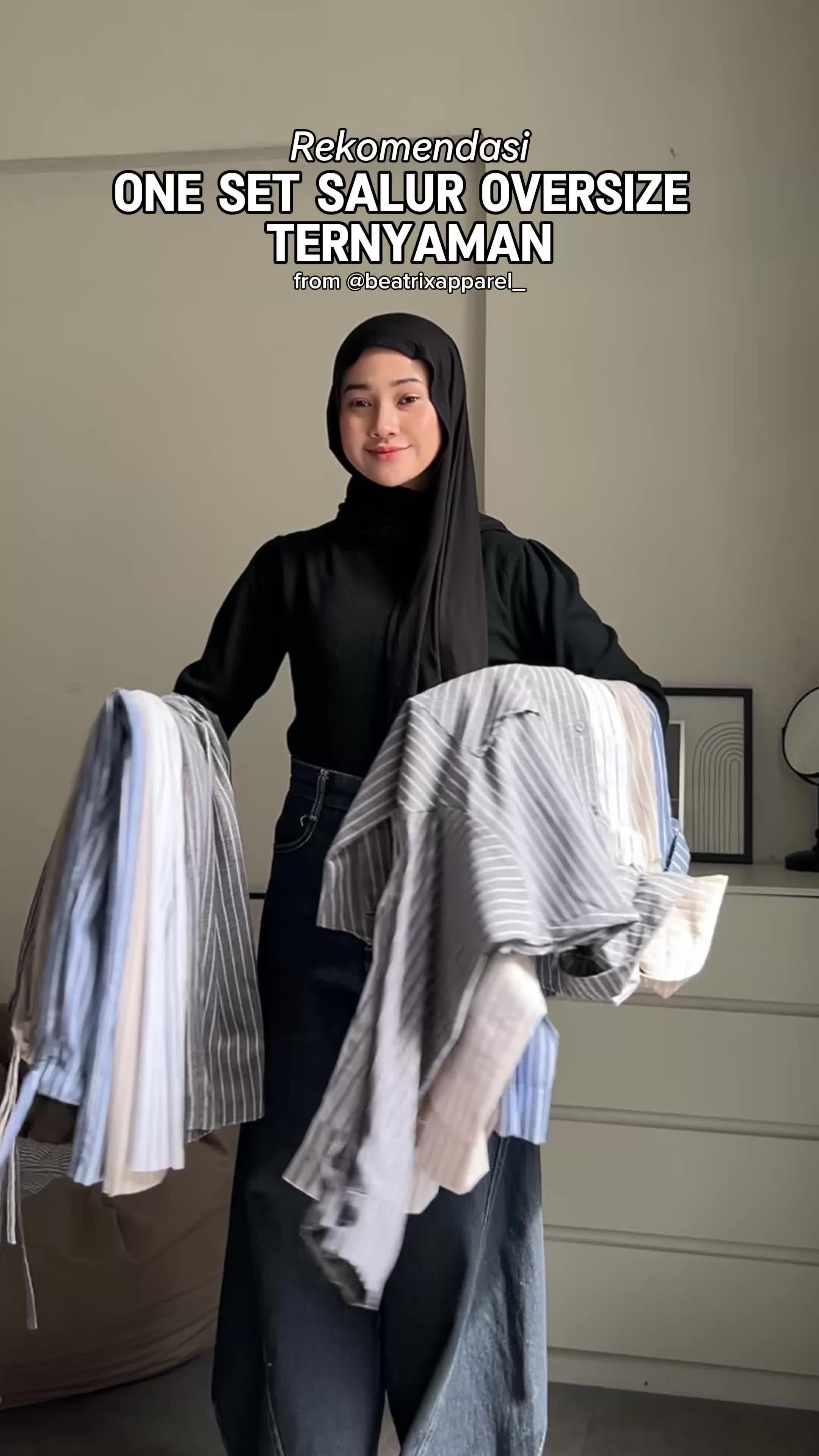 Ghania Oneset - Stripe Oneset - Oversize Oneset - Setelan Kemeja Salur Garis Oversize -  Setelan Wanita Salur - Stripe Shirt- One Set Wanita- Oneset Salur - Oneset Wanita Murah - Oneset Wanita Terbaru