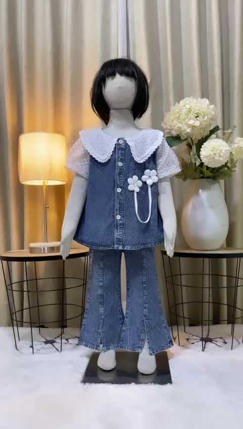 Setelana Baju Anak Nagita Set Jeans Renda Lengan Pendek Motif bunga Usia 3-10 Tahun Set Anak Terbaru 2024 One Set Anak Perempuan Jumbo Oversize _BISA COD Celana Fashion