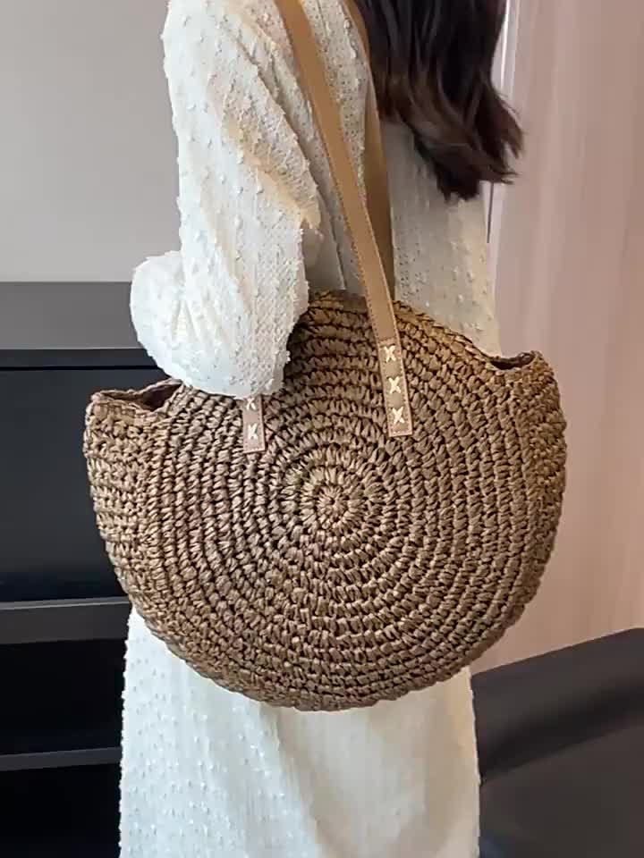 Tas bahu bulat sederhana/tas jerami/tas anyaman/tas pantai/tas jerami wanita modis