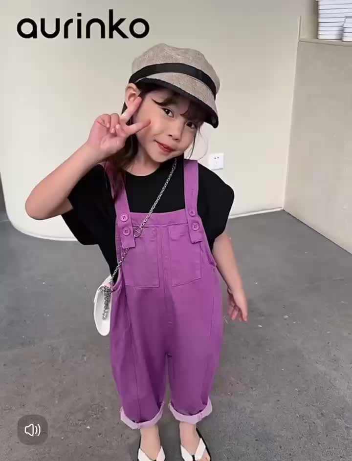 Style Terbaru Setelan Anak Perempuan Setelan Overall Warna hitam lengan pendek+ungu Celena Kaki lebar Panjang Jeans Celana Pakaian