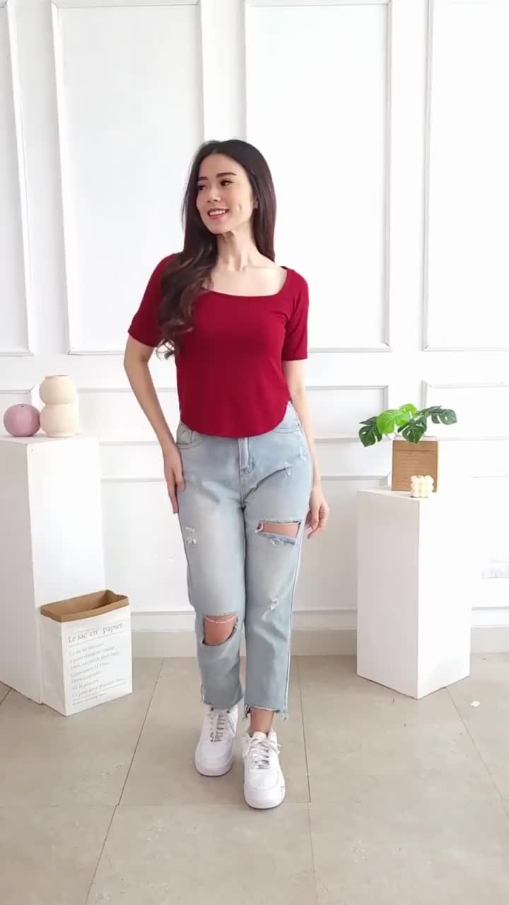 Luna Square V-Neck Pendek Kaos Polos Basic V-Neck Atasan Wanita Dewasa Panjang