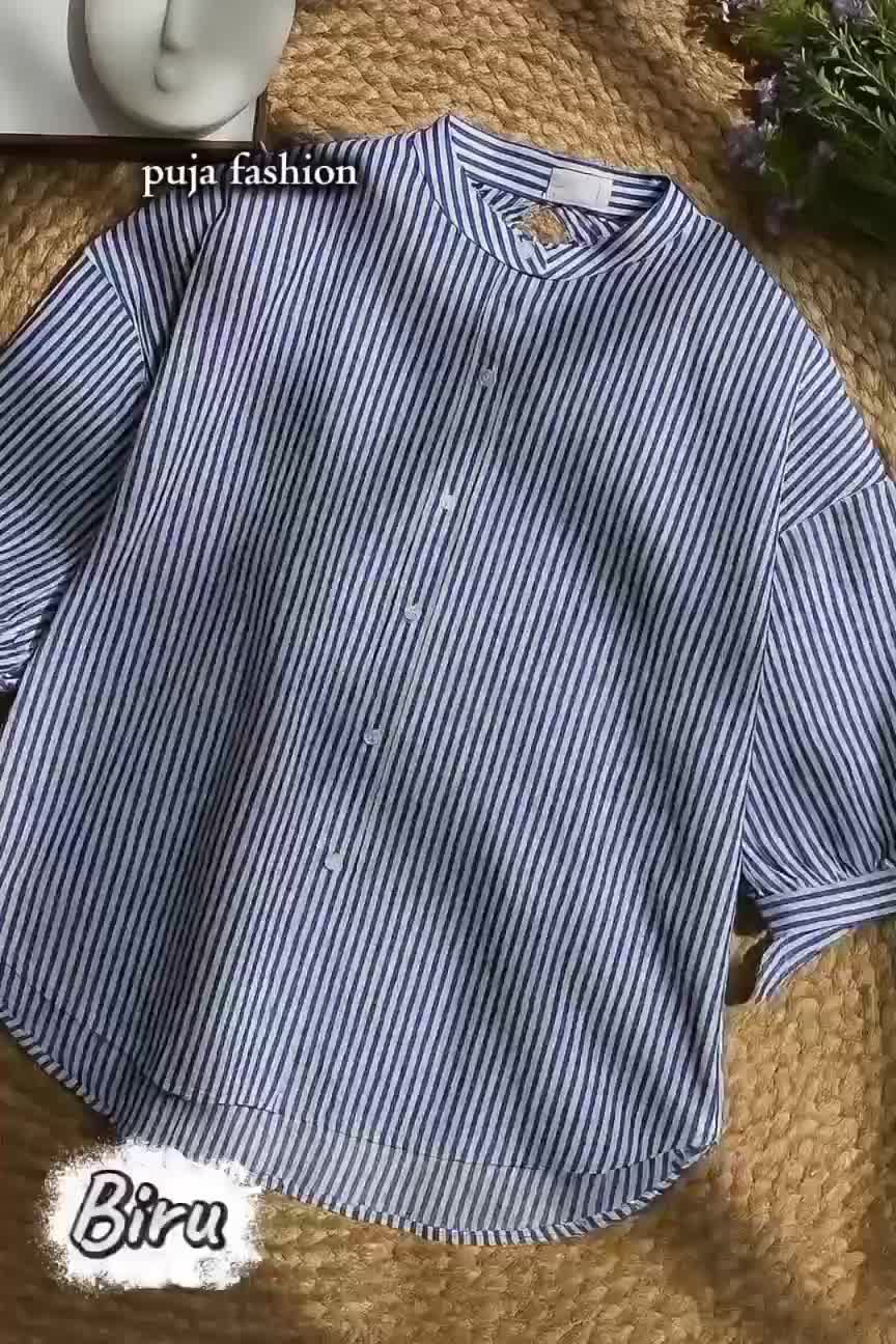 Atasan Salur Wanita Lengan 3/4 Motif Garis Vertikal Model Kekinian