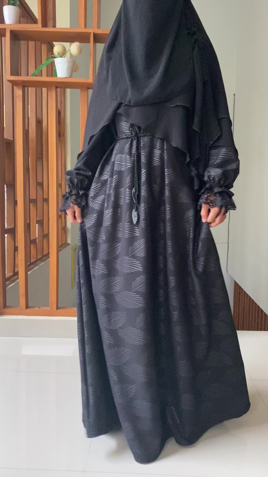 Baju Gamis Syari ABAYAA Embos Khas Temboro Wanita Hitam - Mewah Muslim Tangan Karet Nyaman Wudhu Zipper Dress Turki Arab Kombinasi Cantik Bordir