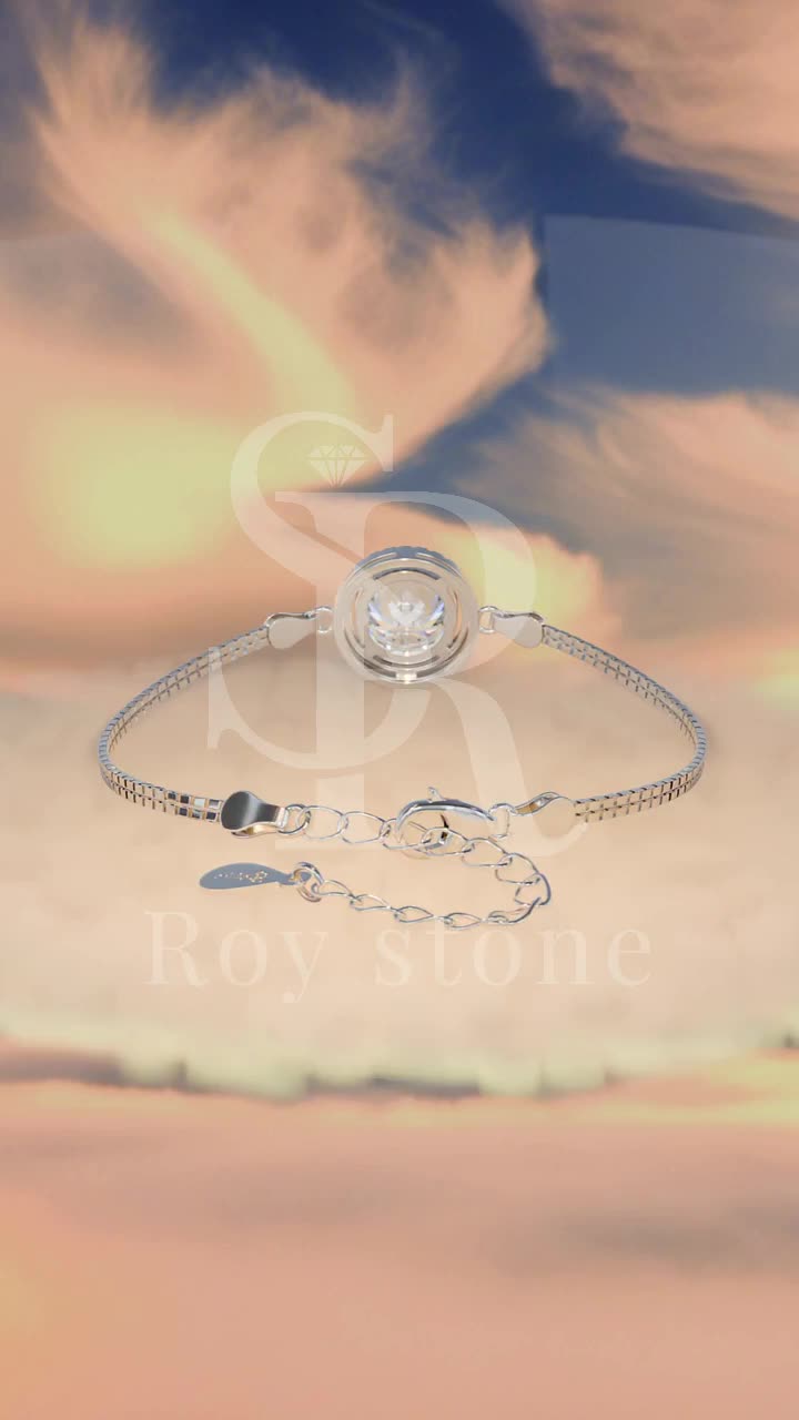 RoyStone - Gelang Simple Round Bracelet Wanita Perhiasan Moissanite Sertifikat GRA Original Lapis Emas 18K