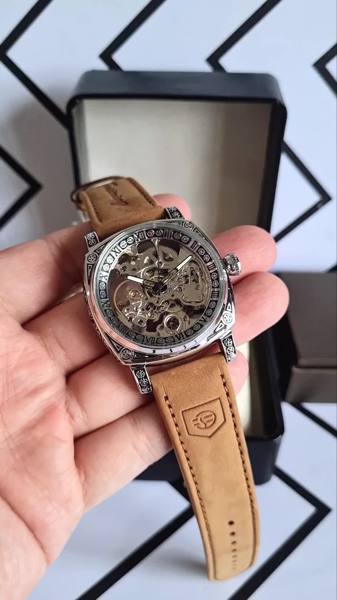 Jam Tangan Pria Original FORSINING Tyrant Automic Otomatis Mechanical Mekanik Skeleton Kotak Square Silver Tali Coklat Brown Leather Anti Air Water Resist Kulit