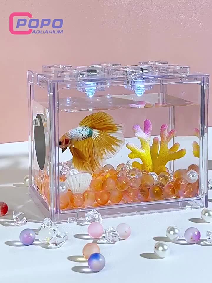 Aquarium Mini Stackable Set Lengkap Lampu LED Dekorasi 6 Model Unik Cocok untuk Ikan Cupang Guppy