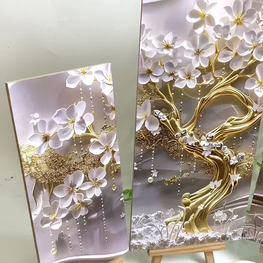 HIASAN DINDING 4 IN 1 SET BUNGA 3D ELEGAN REALISTIK WALDECOR  NUANSA ABSTRAK GOLD MINIMALIS HIASAN POSTER TEMPEL KAMAR COWOK estetik GEN Z JUMBO