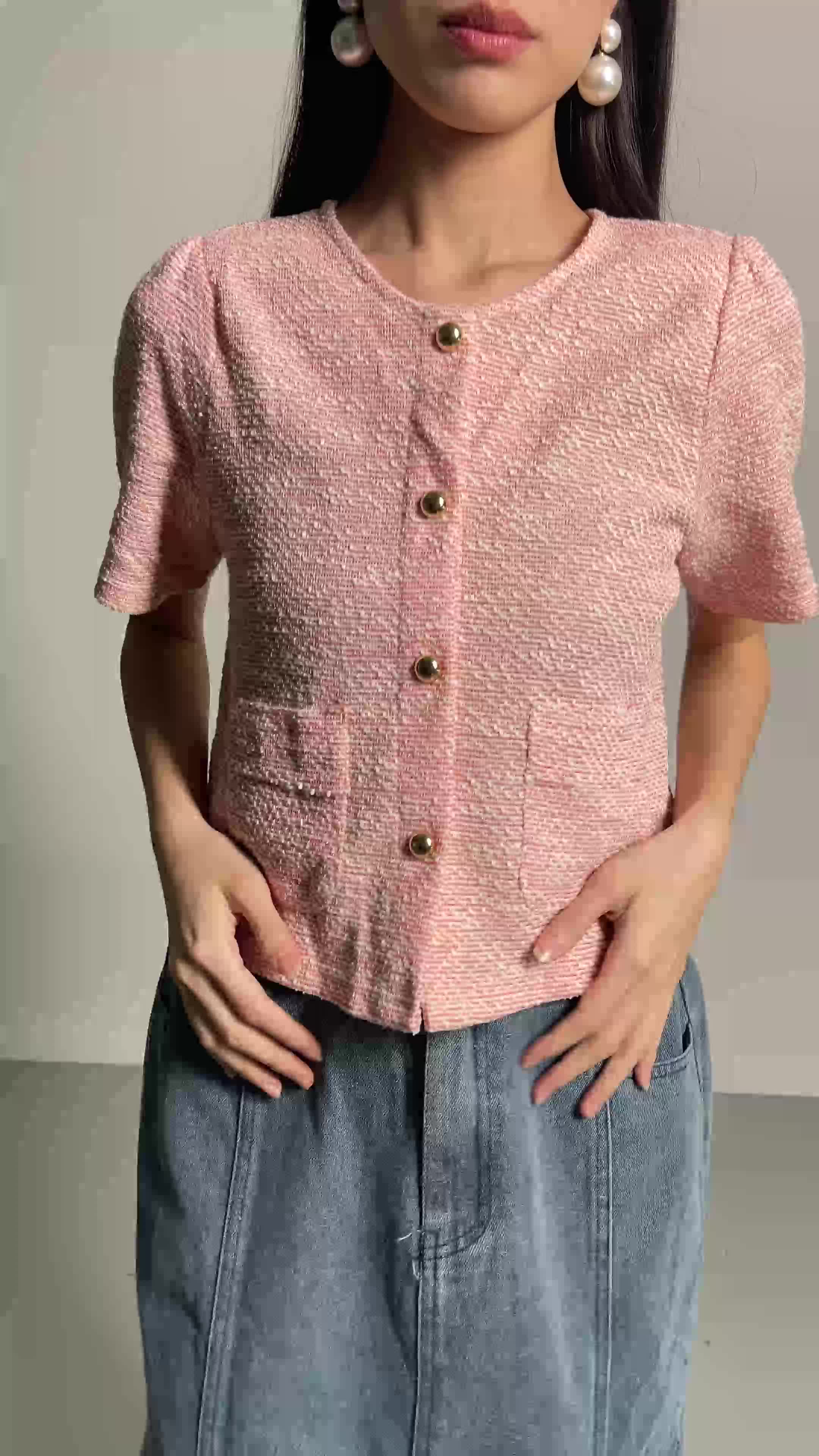 This Is April Atasan Blouse Crop Wanita Lengan Pendek Zoya Top Pink dan Grey