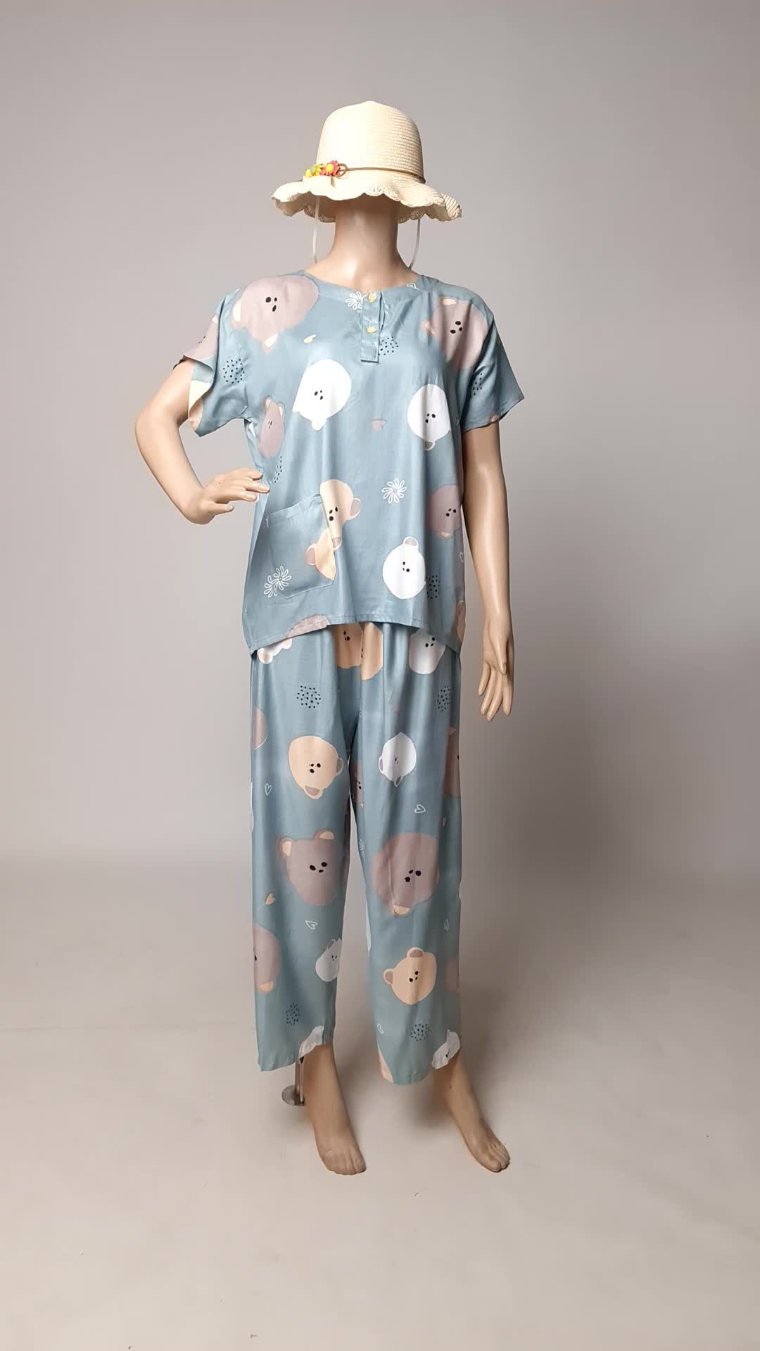 Setelan One Set Wanita Celana Panjang Setelan Baju Tidur Wanita Kancing Aktif Motif Bear dan Autum Bahan Rayon Bajunya Emak Piyama Tangan