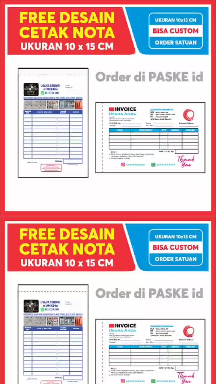 CETAK (50 SET) NOTA CUSTOM UKURAN 10X15 CM 1/4 FOLIO USAHA SENDIRI BISA UNTUK SURAT JALAN KWITANSI Paper Stationery Foto