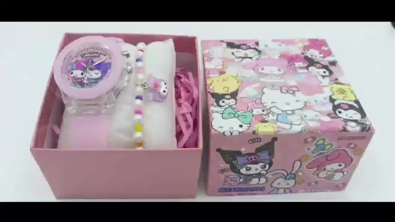 Set Jam tangan anak perempuan 3PC dengan set gelang KUROMI  KT  Jam Tangan merah muda dengan Jarum Lampu LED Fashion