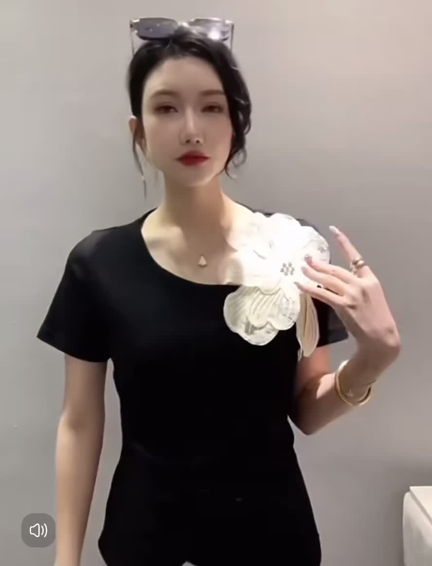 B186 Blouse Lengan pendek Berlipat Renda bunga Tiga Dimensi Katun Murni untuk Wanita Atasan Baru Musim Semi